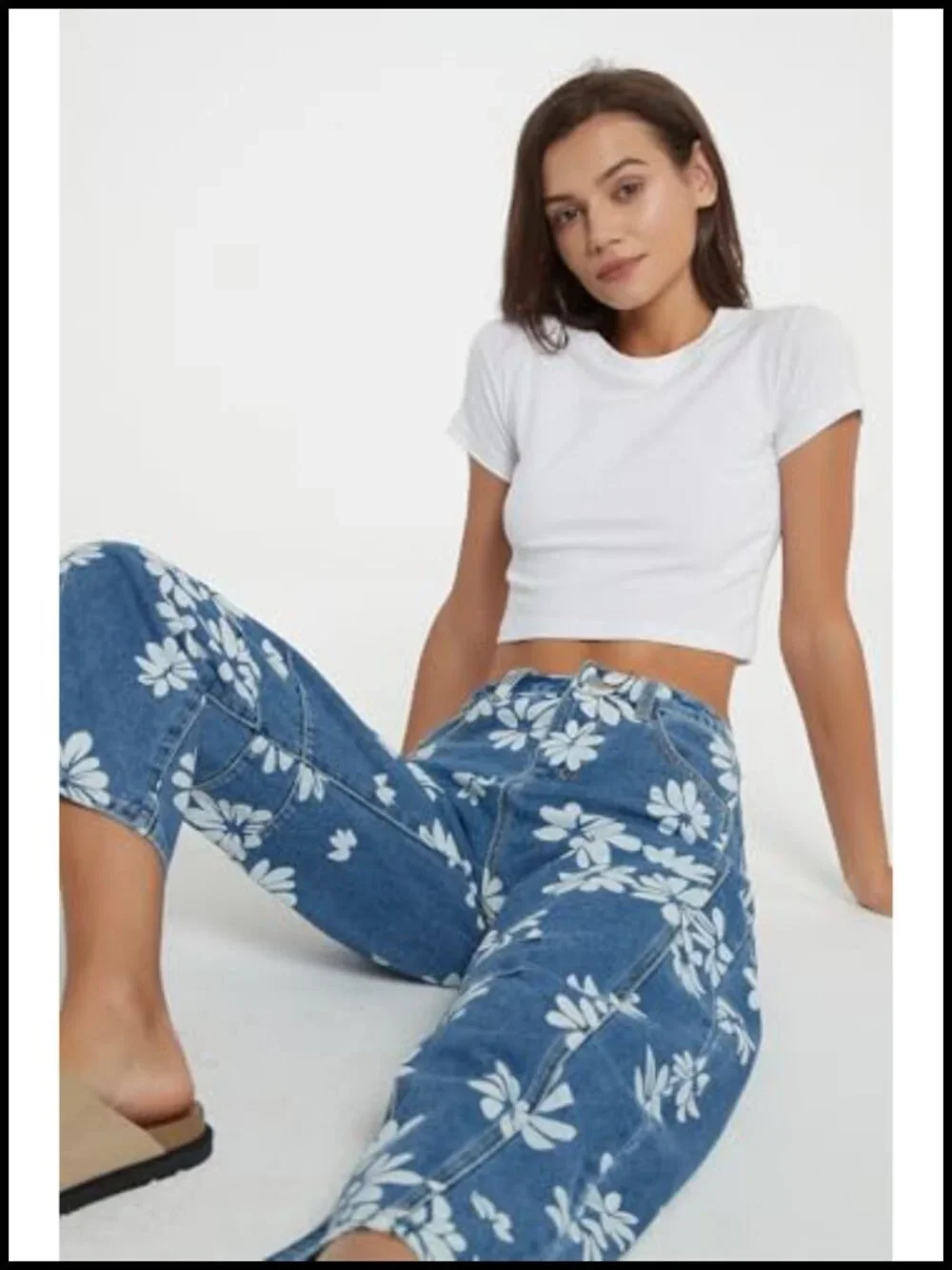 Women Printed Barrel Jeans Casual Low Rise Floral Cropped Wide Leg Denim Pants